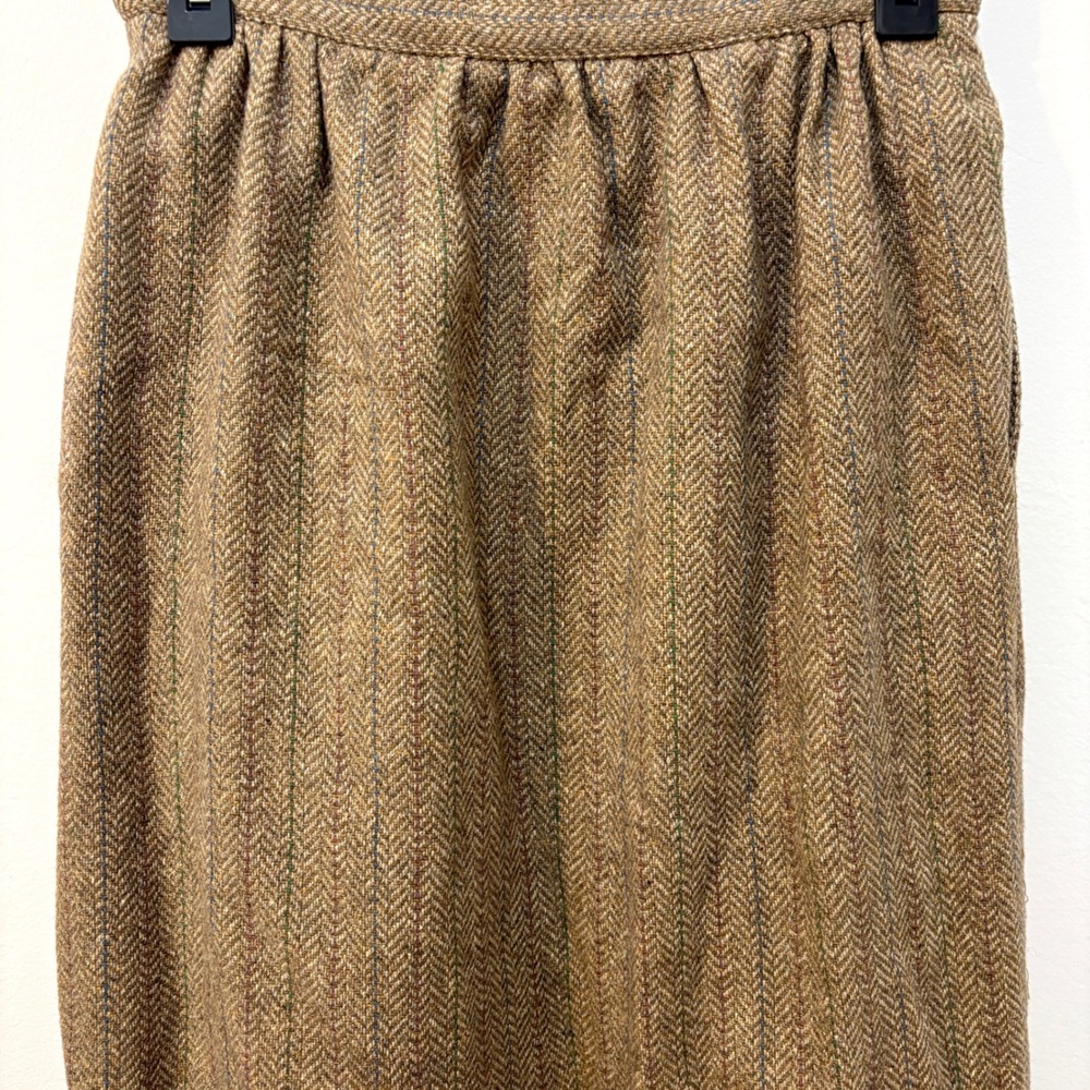 Vintage Wool Silk Pleated Button Skirt High Waste Midi Academia Preppy Tweed - Picture 10 of 10